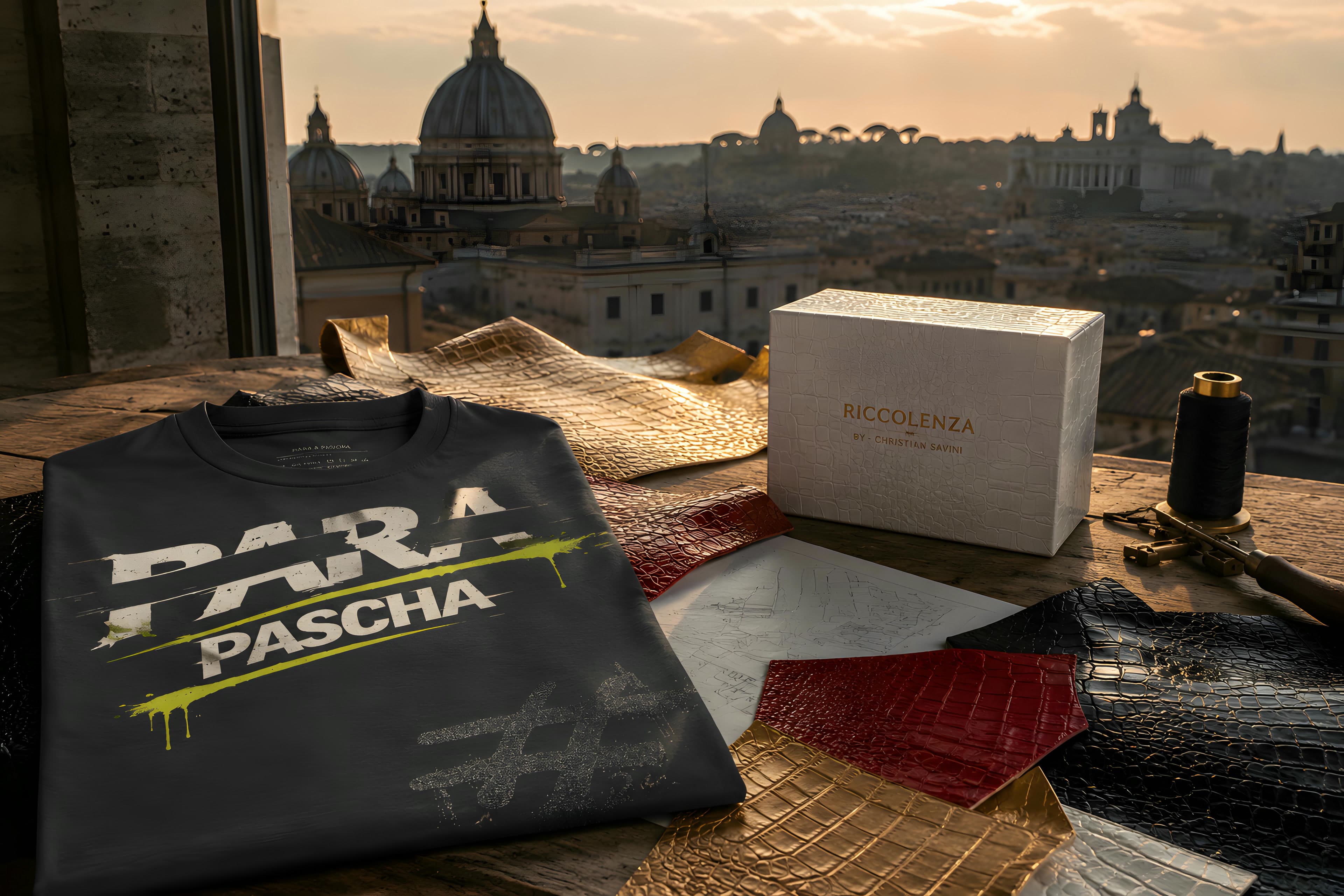 A PARA & PASCHA shirt, crocodile leather samples and the RICCOLENZA box on a workbench above Rome.