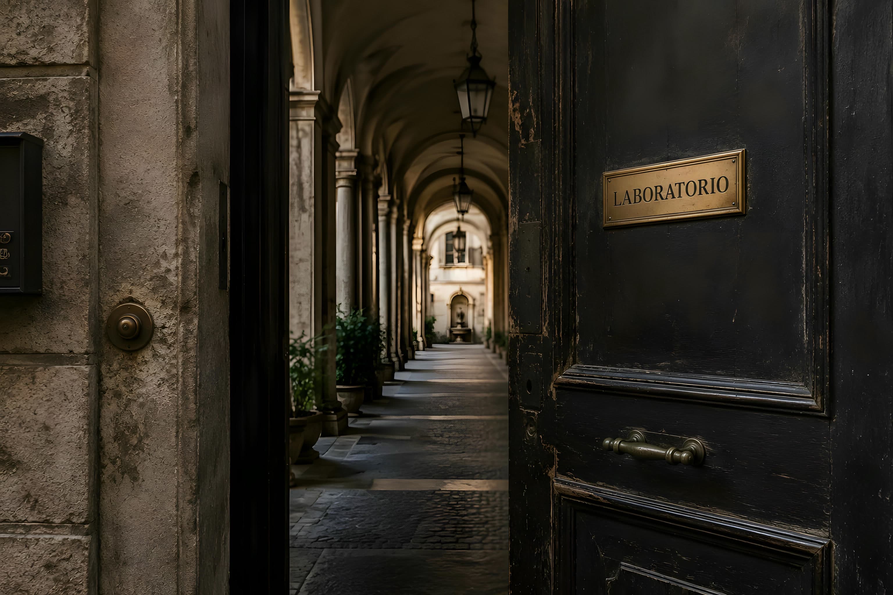 A half-open door marked LABORATORIO, opening onto a columned Italian passage.